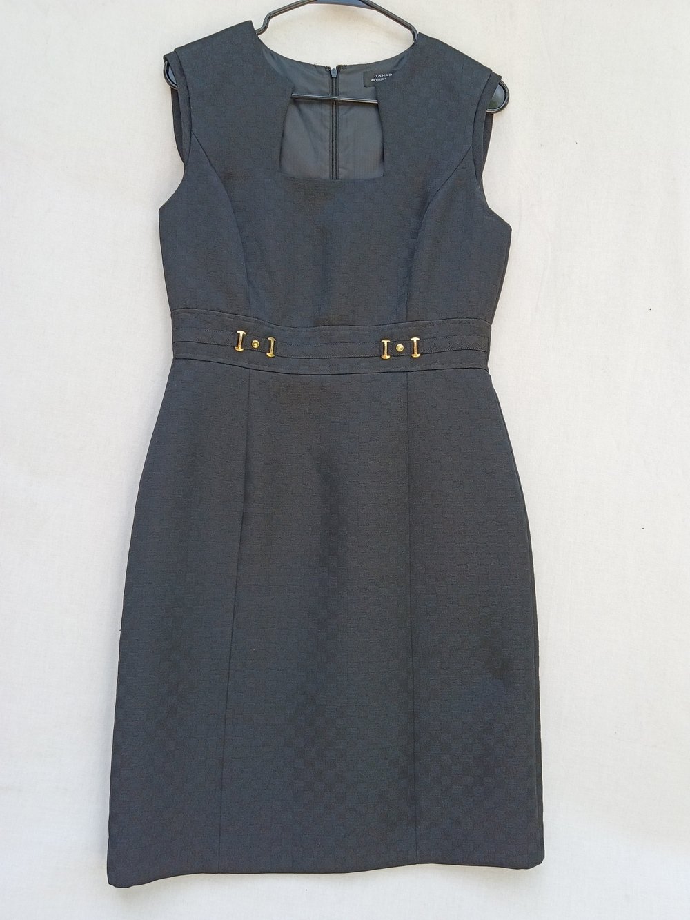 Tahari Elegant Black Midi Sheath Dress with Gold Hardware & Checkered Texture